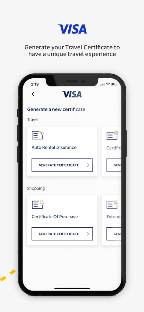 Visa Benefits - Visa Benefits app screen for generating travel and shopping insurance certificates