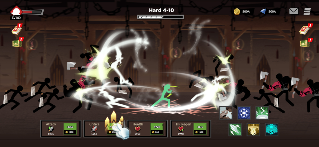 Stickman vs Monster: Idle RPG - Un eroe stickman verde che combatte nemici ombra in una scena di combattimento con menu di potenziamento in basso
