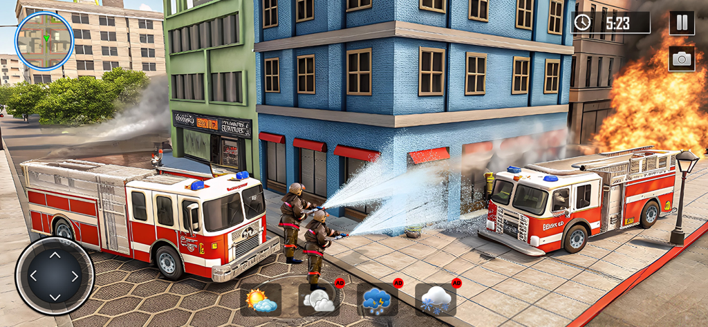 Rescue Run Offroad Snow Heroes - Bomberos extinguiendo el incendio de un edificio con mangueras de agua en un juego de simulación urbana
