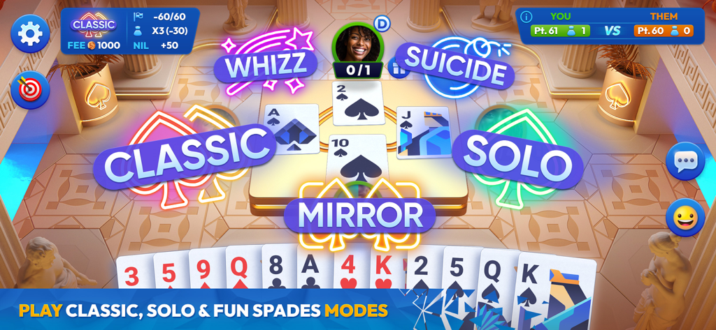 Spades Masters mobile game interface showing various game modes including Classic Solo Whizz and Mirror
