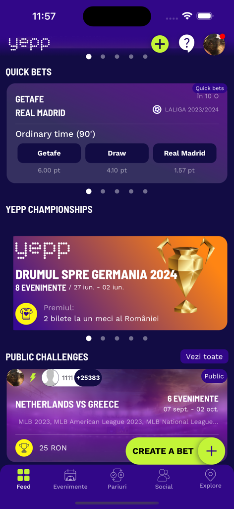 Yepp - Yepp app home screen showing sports betting challenges and quick predictions