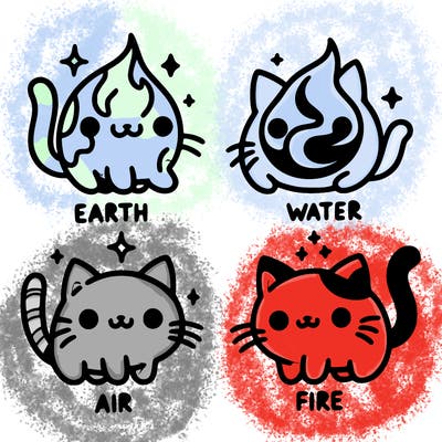 4 cats that represent the different elements, earth, water, air, and fire