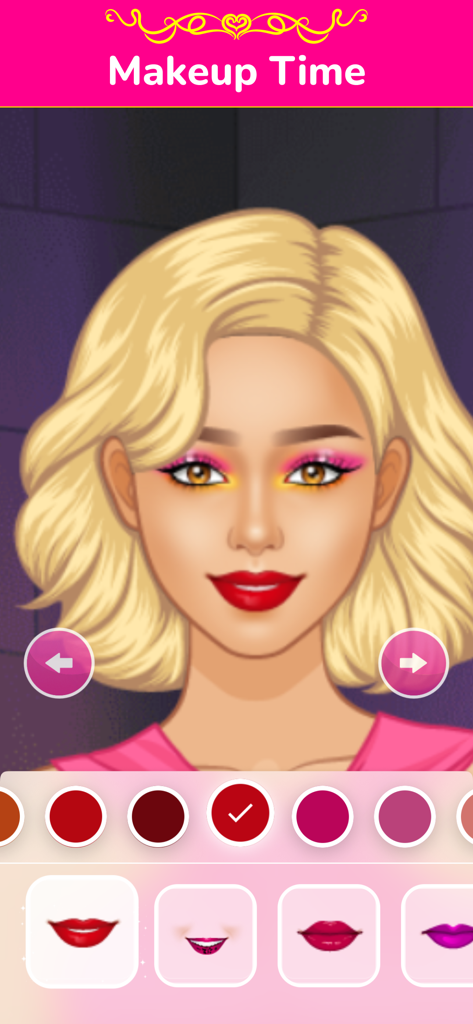 Dress Up Games: Doll Studio - Makeup selection screen in Dress Up Games Doll Studio featuring a blonde character and various lipstick color options