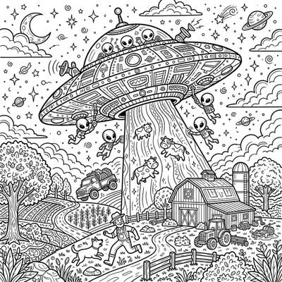 Dive into an extraordinary farmyard scene where a UFO is beaming up cows, creating a whimsical alien abduction. This intricate full-scene design promises hours of creative fun as you bring this cosmic encounter to life.