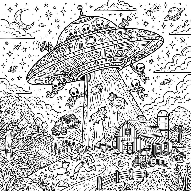 Dive into an extraordinary farmyard scene where a UFO is beaming up cows, creating a whimsical alien abduction. This intricate full-scene design promises hours of creative fun as you bring this cosmic encounter to life.