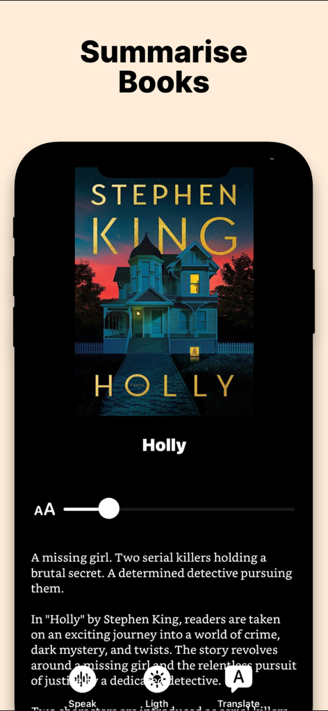 Sumsy: Book Summary & Scanner - Screenshot of Sumsy app displaying a book summary for Holly by Stephen King with audio and translation options