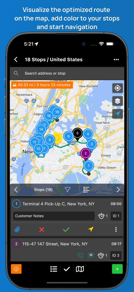 Routin Route Planner - Routin Route Planner app screen showing an optimized map of eighteen delivery stops in New York City with estimated travel time and distance.