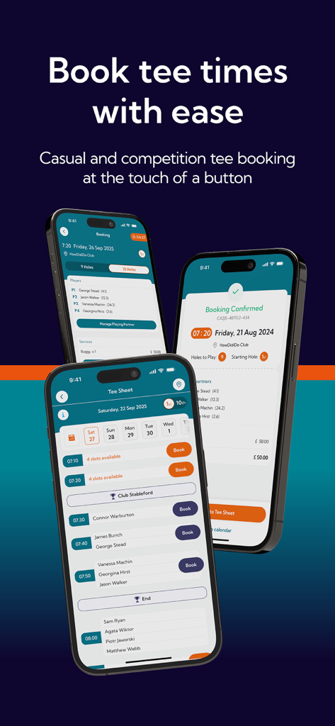 HowDidiDo - Tre schermate mobili che mostrano l'interfaccia dell'app HowDidiDo per la prenotazione di tee time di golf e la visualizzazione delle tee sheet