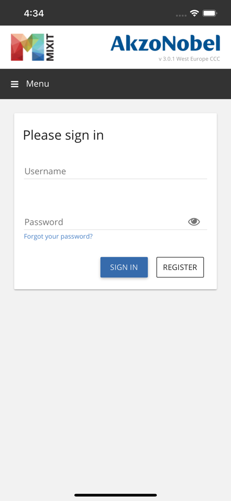 AkzoNobel MIXITカラーマッチング・配合検索アプリケーションのサインインページ