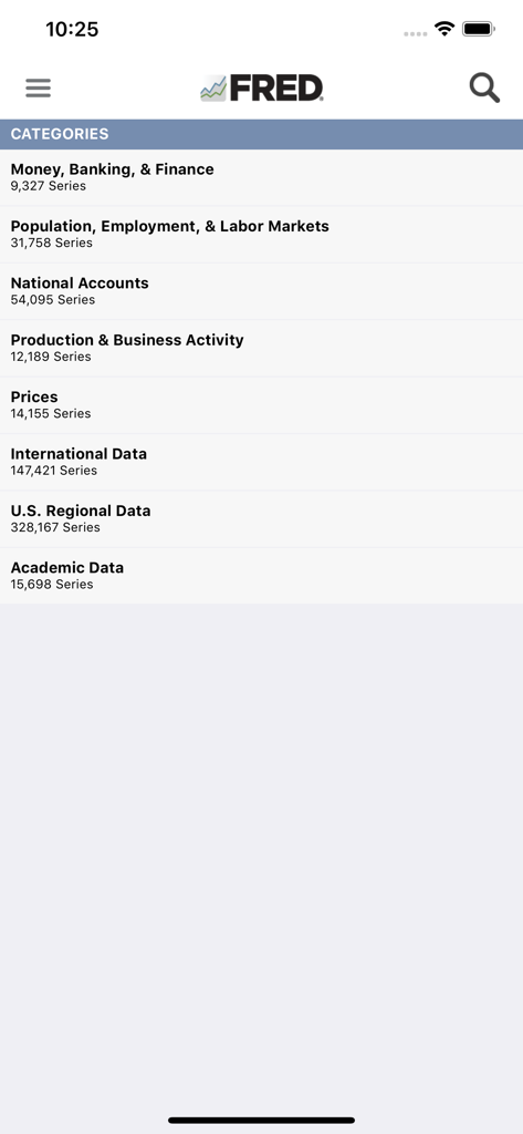 Main category selection screen in the FRED Economic Data app showing series for finance employment and national accounts