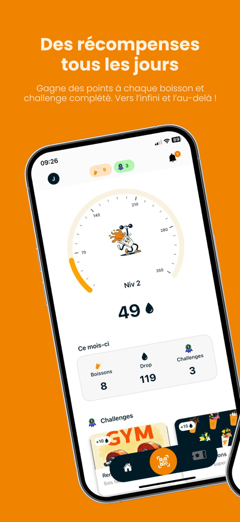 Fiilin - Fiilin app dashboard showing user level points and gym drink challenges