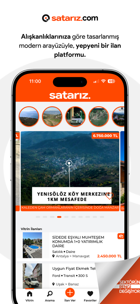 satarız. - Satariz mobile app home screen showing property and vehicle listings