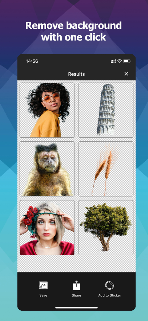 Photo Cut Out Editor - Mobile app interface showing various images like a person and a tree with their backgrounds removed for easy editing