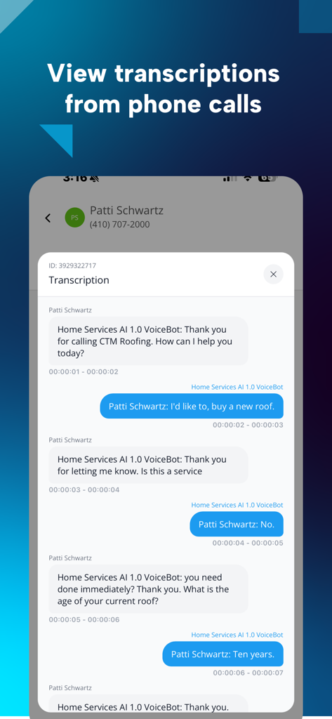 CTM Phone - CTM Phone 앱 화면 스크린샷으로 AI 보이스봇과 고객 간의 통화 녹취록 표시