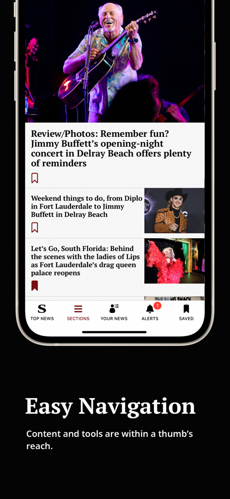 Sun Sentinel mobile app interface showing local South Florida news articles and a bottom navigation menu with Top News and Alerts