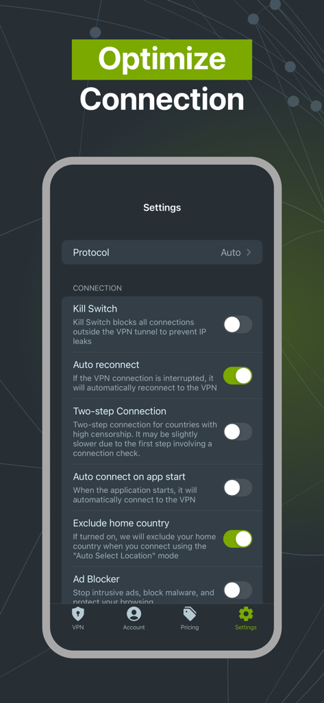 Interfaz de configuración de la aplicación Zoog VPN para optimización de conexión y funciones de seguridad
