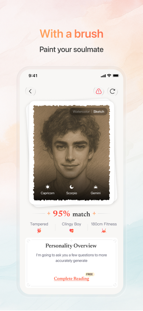 Feelora - Soul Art Trip - Esquisse de portrait d'âme sœur générée par IA dans l'application Feelora montrant une correspondance de 95 % et des traits de personnalité