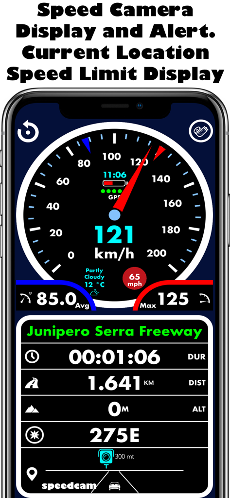 Speedometer •• - Interfaz de la aplicación del velocímetro digital que muestra la velocidad actual, el límite de velocidad y las alertas de cámaras de velocidad.