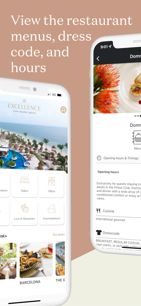 The Excellence Collection - The Excellence Collection app screens displaying restaurant menus, hours, and dress codes for a luxury Caribbean resort