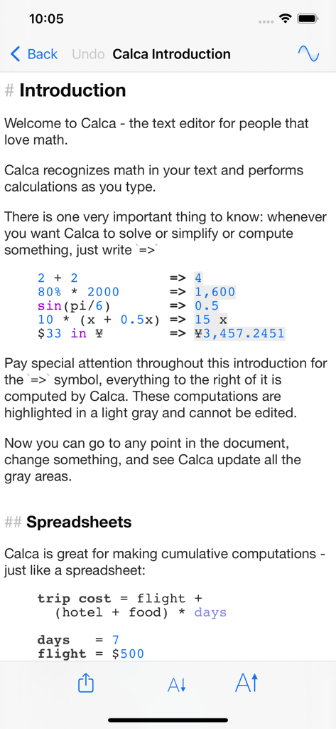 Calca - Introduction screen of Calca app showing live math calculations and variables inside a markdown text document