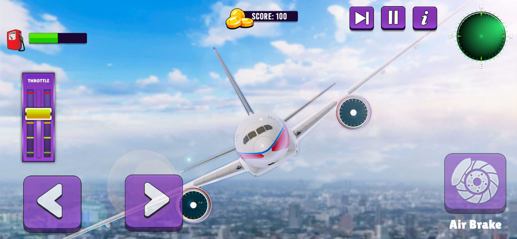 Airline Flight Pilot Simulator - A passenger airplane flying over a city in a flight simulator game with mobile UI controls including throttle and radar.