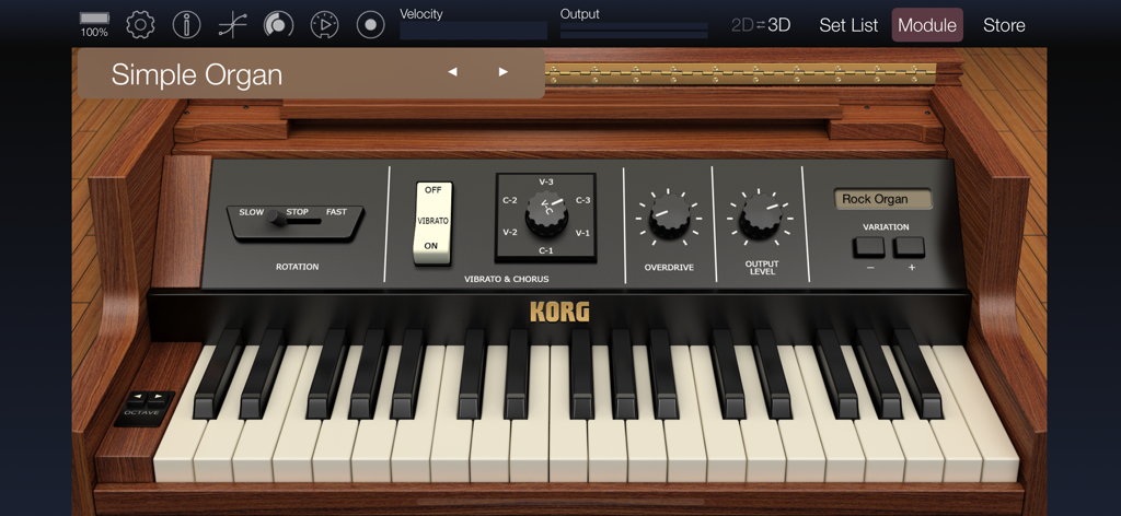Interface do aplicativo KORG Module Pro mostrando o motor de som de órgão simples e teclado