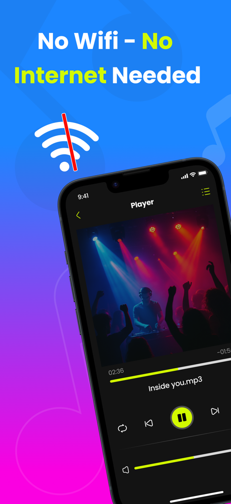 Offline Player : Music & Video - Smartphone showing the Offline Player app interface with No Wifi text overlay