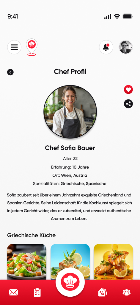 GetaChef - Página de perfil de chef en la aplicación móvil GetaChef que muestra a Sofia Bauer con sus especialidades culinarias y experiencia.