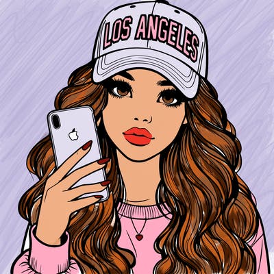realistic beautiful girl wearing los ángeles cap holding an iphone