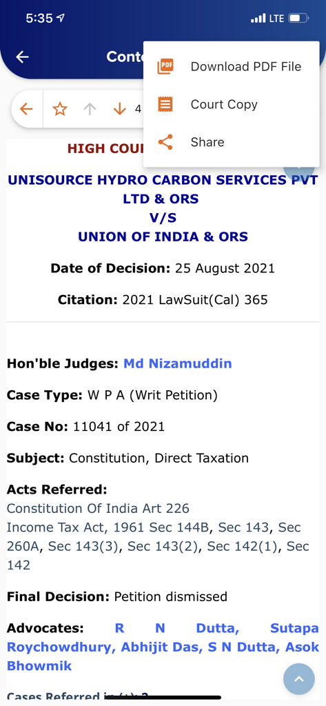 Lawsuit The Unique Case Finder - A mobile screenshot showing legal case details and export options in the Lawsuit app