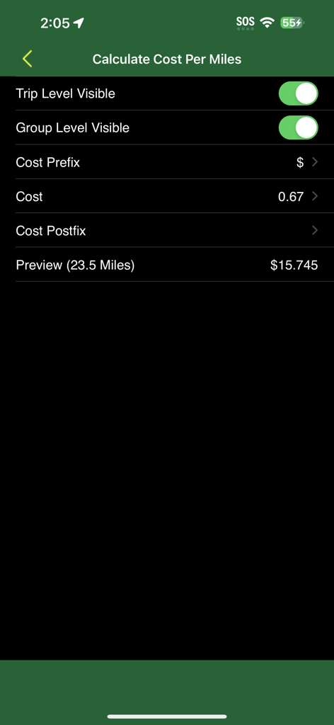 Track My Mileage And Time - Settings screen for calculating mileage costs with a trip preview