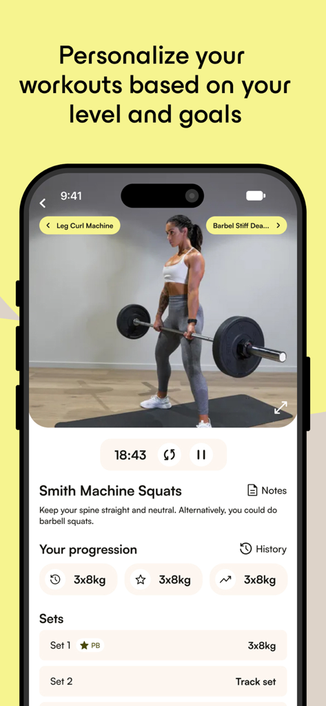 OWNU app mobile interface showing a strength training workout with exercise instructions and progress tracking