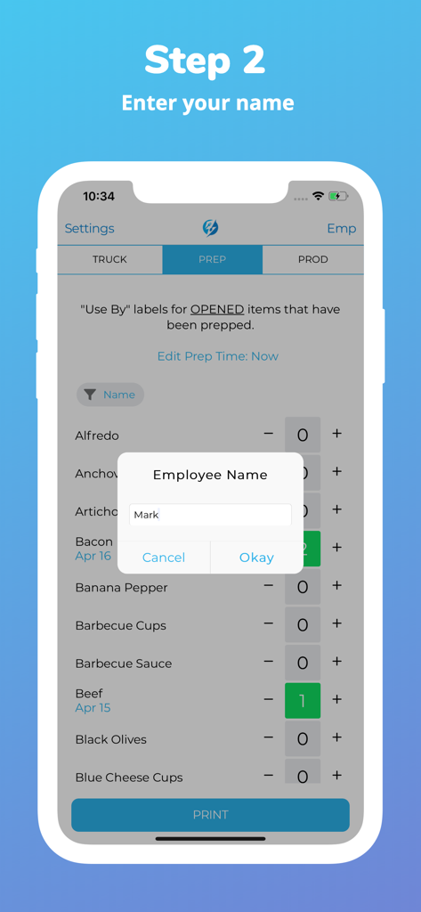 Écran de smartphone montrant l'étape de saisie du nom de l'employé dans l'application PrepWizard