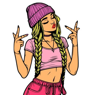realistic teenage girl with braids and a beanie and crop top doing 🫶🏼
