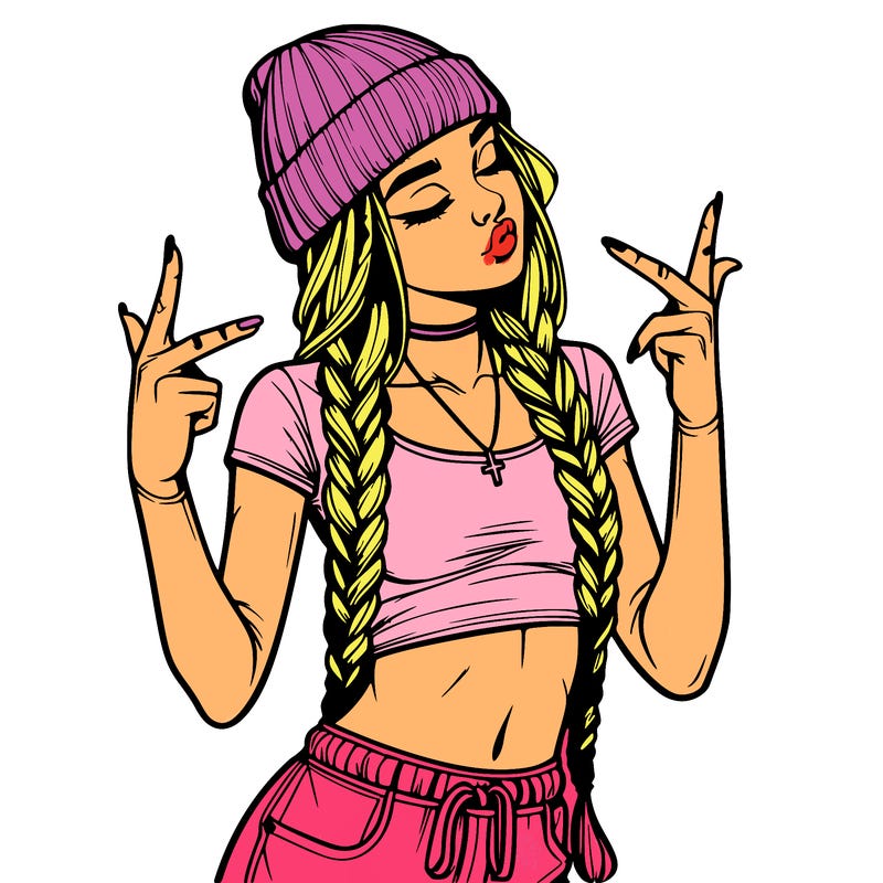 realistic teenage girl with braids and a beanie and crop top doing 🫶🏼