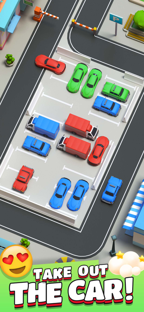 Vista cenital de un colorido nivel de acertijo de bloqueo de aparcamiento en el juego móvil Car Out