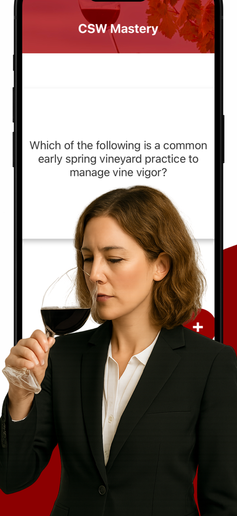 CSW Mastery - A professional wine taster smelling a glass of red wine next to a CSW exam theory question on a smartphone