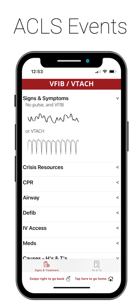 Emergency Manual app screen displaying the ACLS protocol for VFIB and VTACH with EKG waveforms and medical crisis checklists.