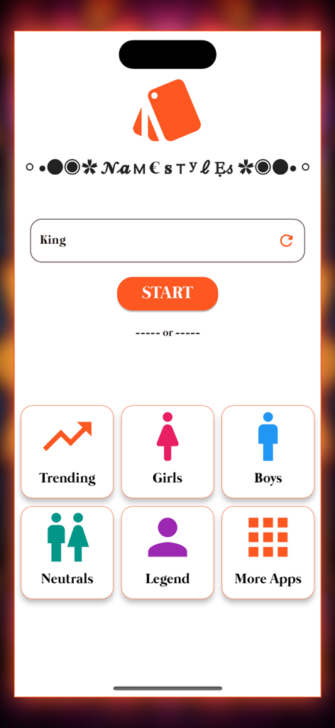 Name Style : Nickname Creator - Página inicial do aplicativo Nickname Creator mostrando um botão Iniciar e categorias como garotas e garotos populares.