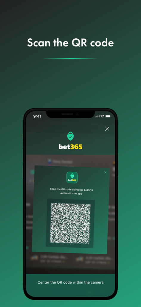 bet365 - Authenticator - 스포츠 베팅 계정을 보호하기 위해 QR 코드를 스캔하는 bet365 인증기 앱의 인터페이스.