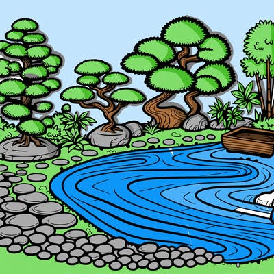 a serene zen garden with raked gravel, bonsai trees, and tranquil ponds