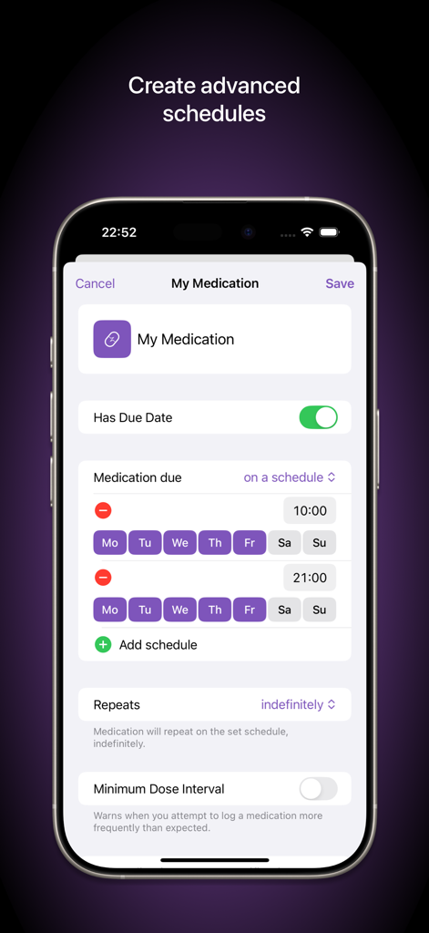 Capsule — Medication Tracker - Capsule app interface for creating an advanced medication schedule with daily time slots