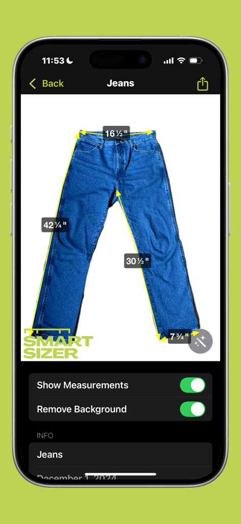 Smartsizer - Measure Clothing - Smartsizer app interface showing a pair of blue jeans with digital measurement overlays for resale listings