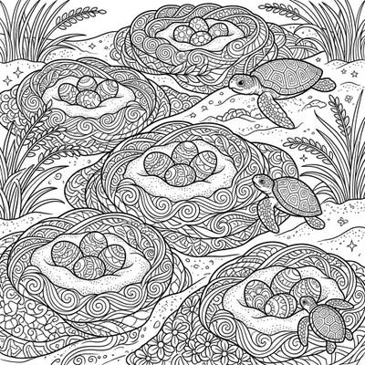 Explore the fascinating world of sea turtles with this intricate Zentangle coloring page. Discover beautifully patterned nests filled with eggs and adorable baby turtles, offering a serene escape for your creative mind.