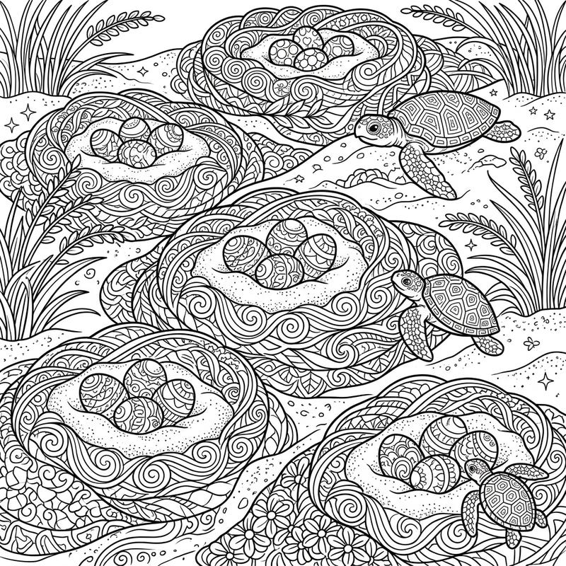 Explore the fascinating world of sea turtles with this intricate Zentangle coloring page. Discover beautifully patterned nests filled with eggs and adorable baby turtles, offering a serene escape for your creative mind.