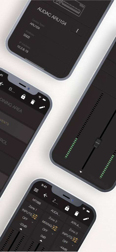 Interface screens of the AUDAC Touch 2 app for professional audio and video system control