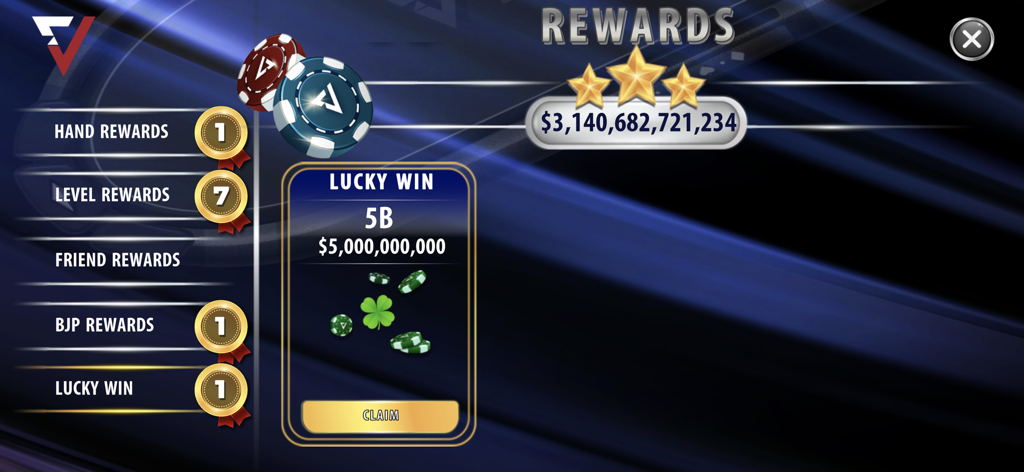 Velo Poker: Play Texas Holdem - Menu des récompenses de l'application Velo Poker montrant un gain chanceux de cinq milliards de jetons et un solde total massif.