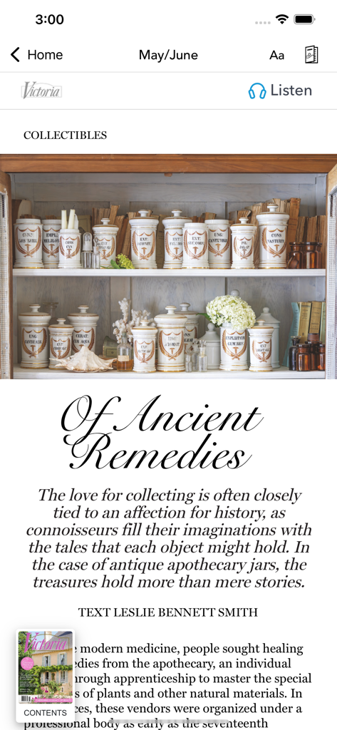 Victoria - Article about ancient remedies featuring antique apothecary jars in Victoria magazine app.