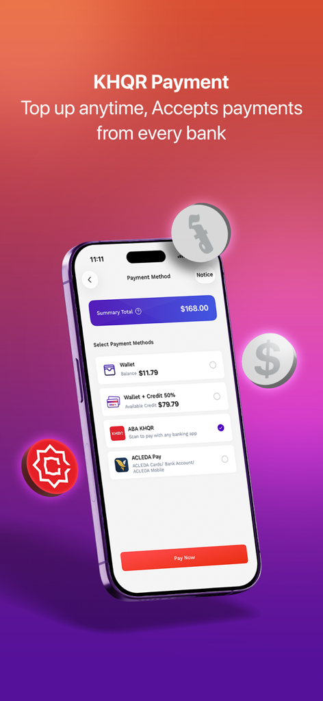 DRSB Expressアプリの支払い画面。KHQRとデジタルウォレットオプションが表示されています。