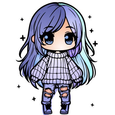 chibi girl with ripped jeans,long hair, and an oversized sweater